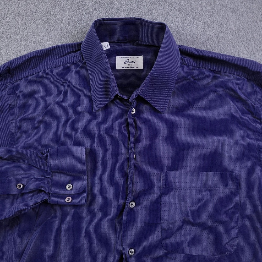 Brioni Shirt Mens Large Blue Stripe Neiman Marcus Button Up Italy Made